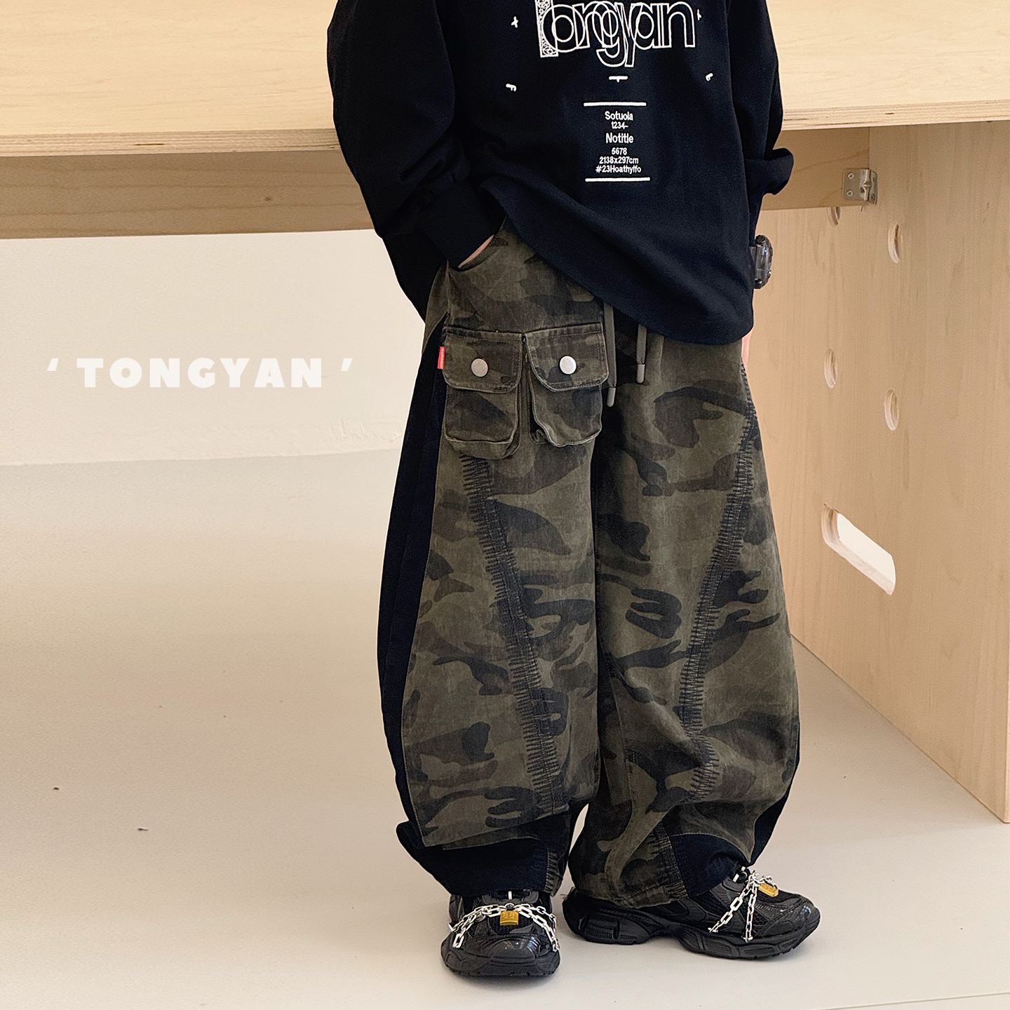 男童裤子2025秋季新款中大童拼接长裤男孩帅气儿童迷彩裤潮C25165