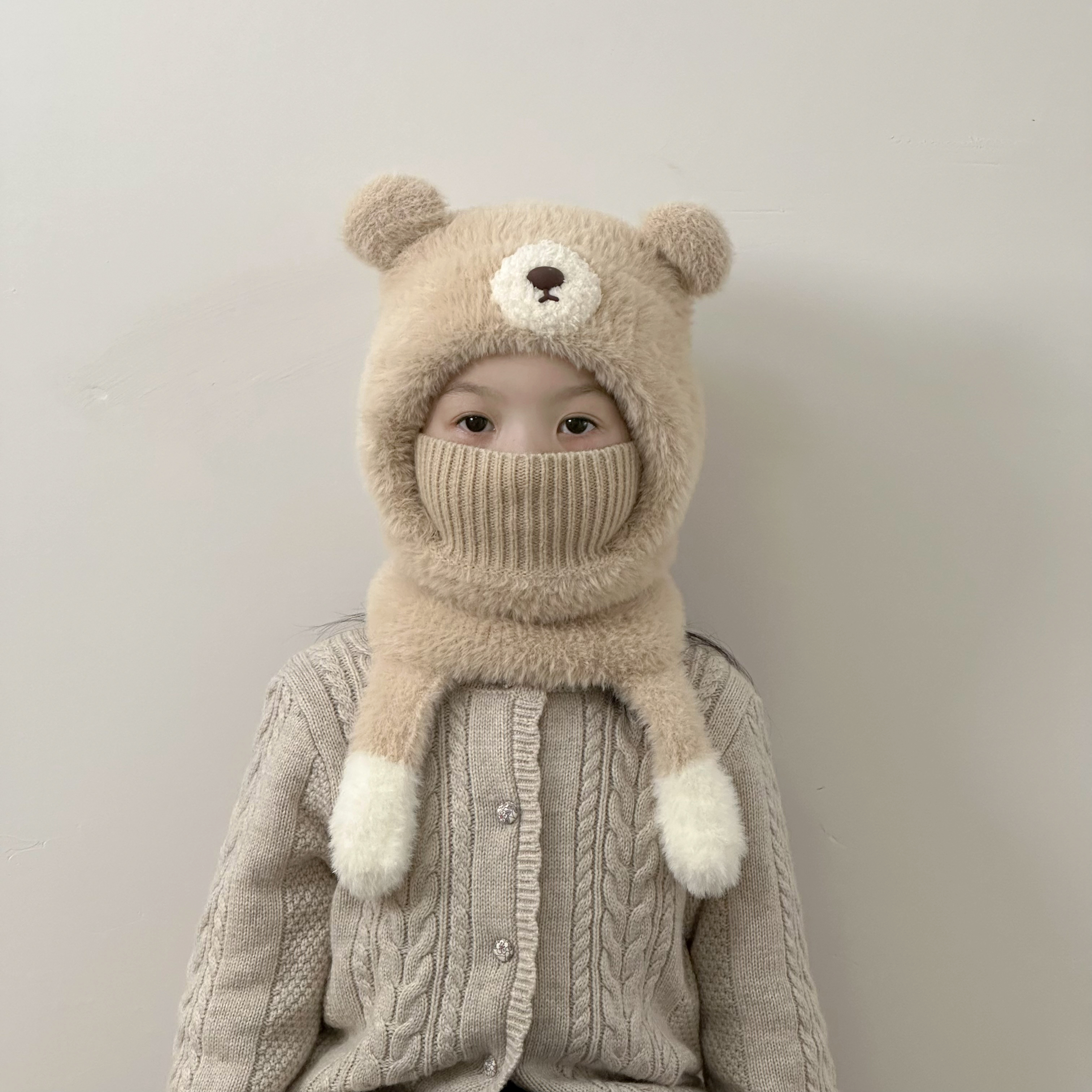 儿童帽子秋冬款可爱小熊男童围脖口罩一体毛绒保暖女宝套头护耳帽