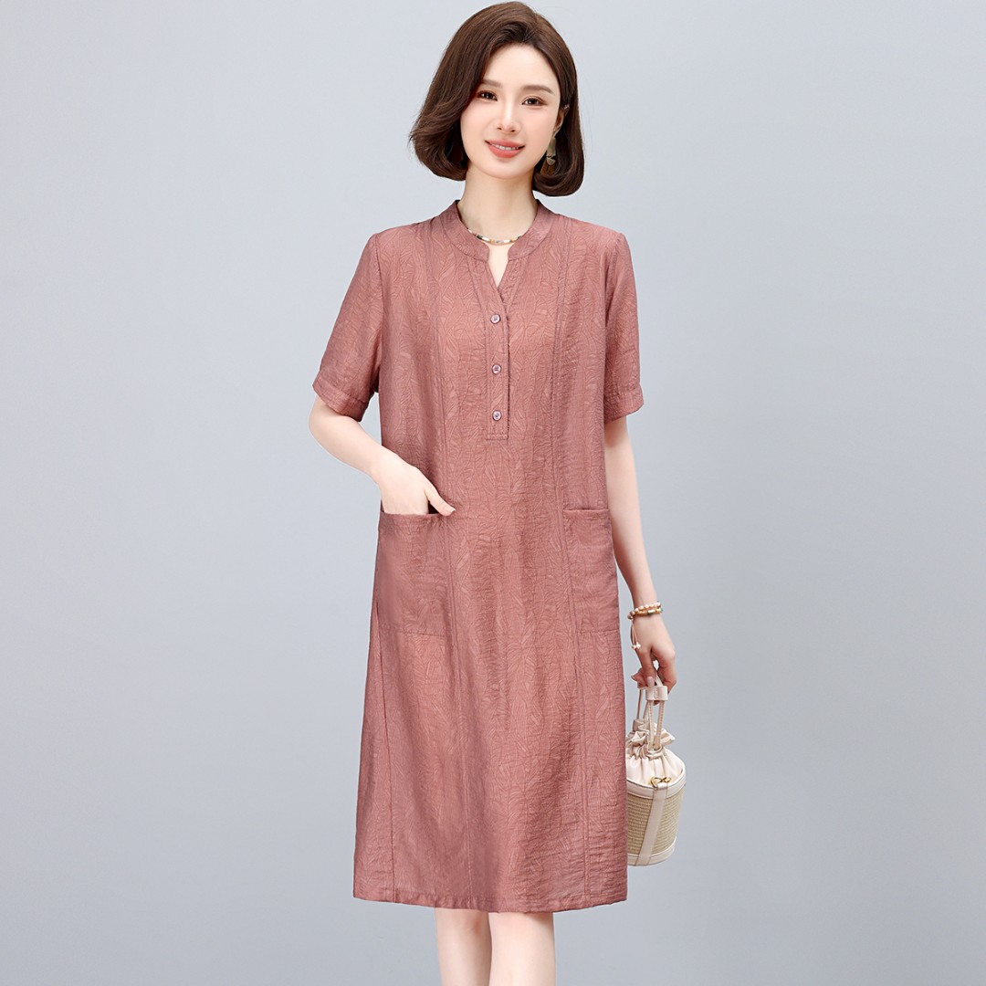 天丝提花连衣裙女2025年新款夏季小个子宽松休闲中年妈妈减龄裙子