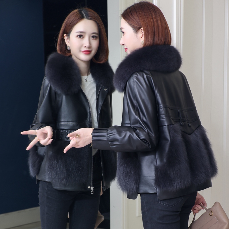 新款拼接国风外套冬季时尚韩版加厚棉衣棉服狐狸毛皮一体女装大