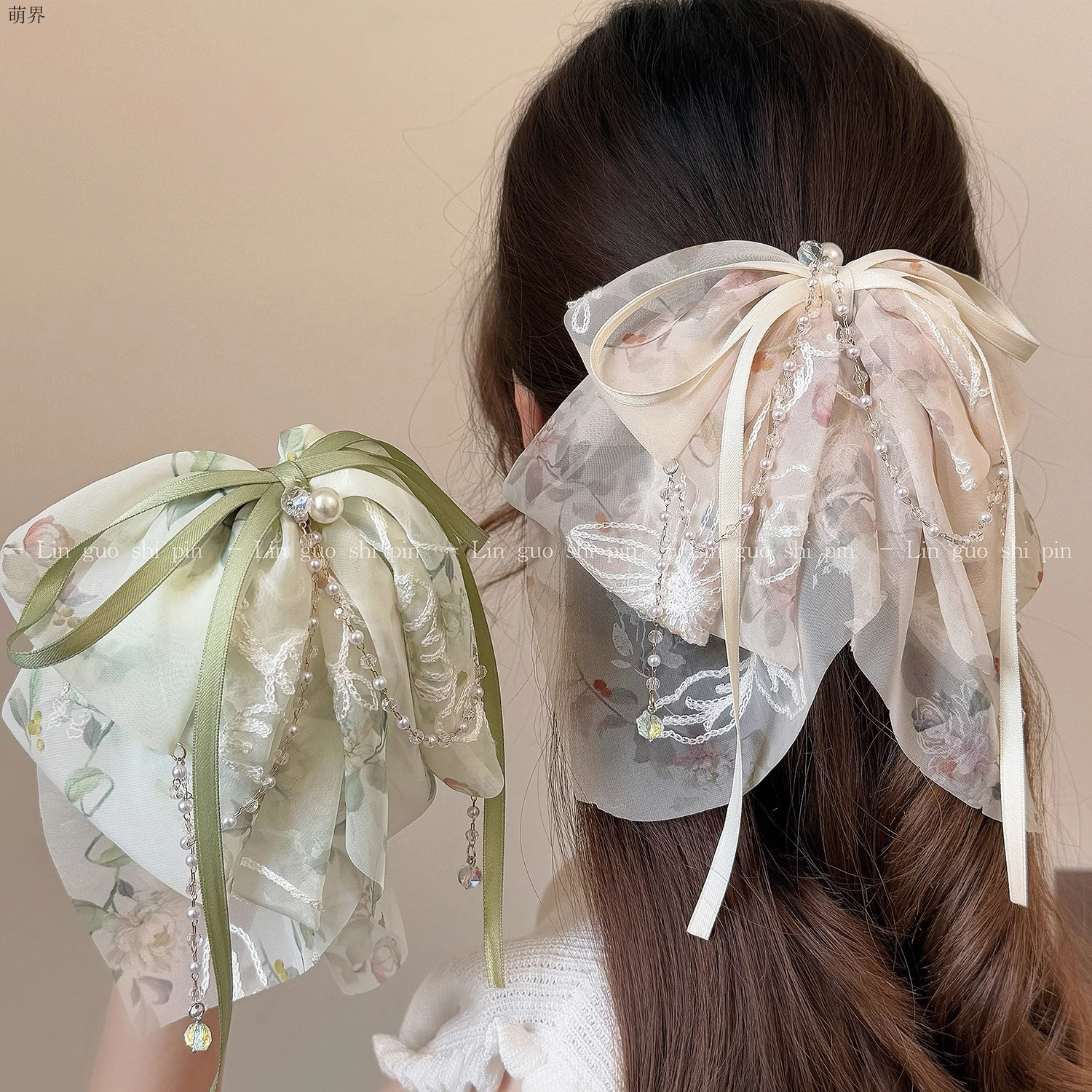 轻奢布艺网纱碎花蝴蝶结马尾抓夹后脑勺夹子头饰气质半扎发夹