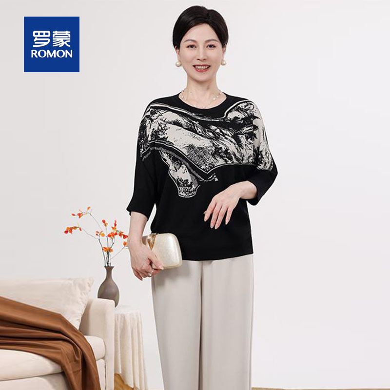 罗蒙时尚妈妈装针织开衫女春秋季长袖中老年人内搭打底衫上衣新款
