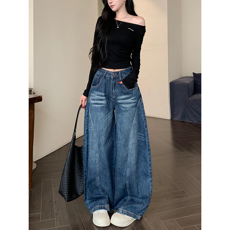 深蓝色弯刀阔腿牛仔裤女2025冬季新款美式高腰宽松设计感拖地长裤
