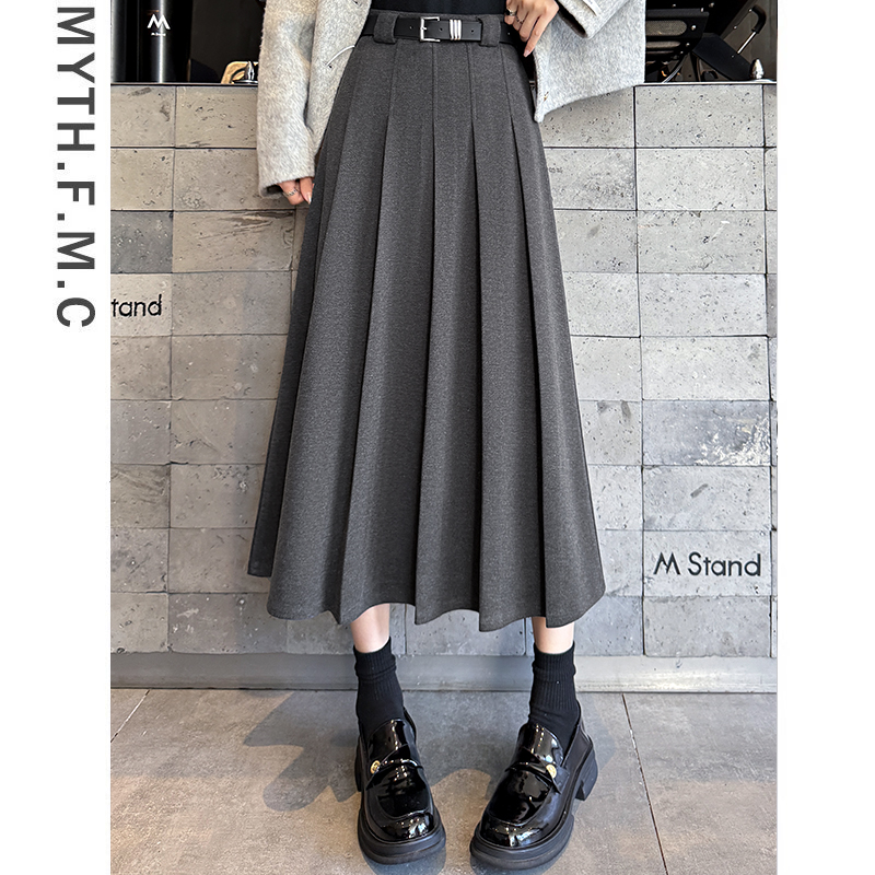 灰色毛呢西装a字半身裙子女秋冬季2025新款绝美巨好看的百褶长裙