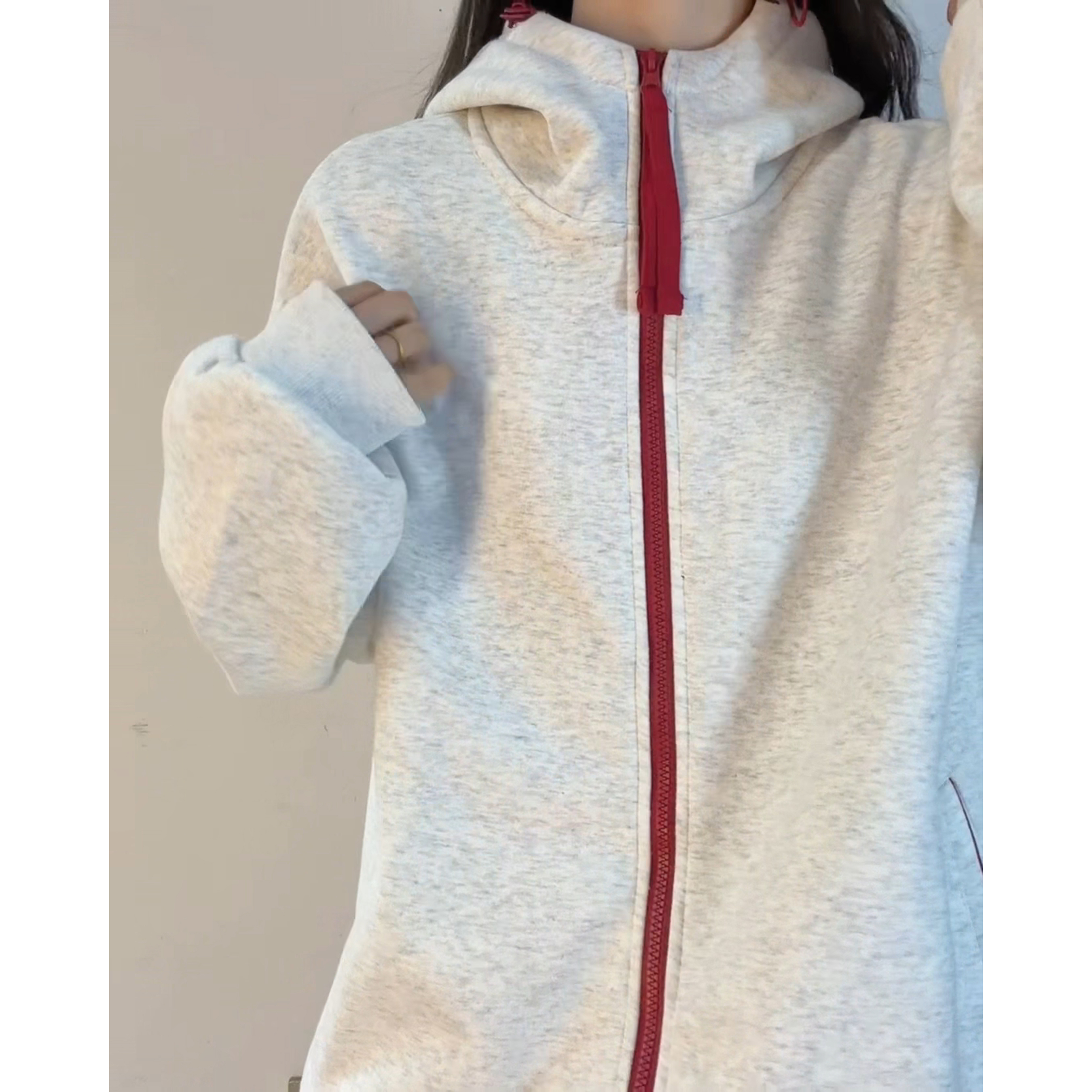 花灰色拼色连帽卫衣开衫男款秋冬季加绒加厚重磅情侣外套硬挺夹克