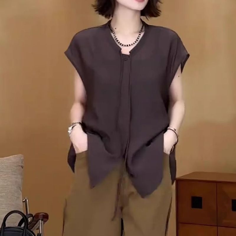 大码女装夏新款百搭简约飞飞袖衬衫女设计感色显瘦宽松休闲上衣