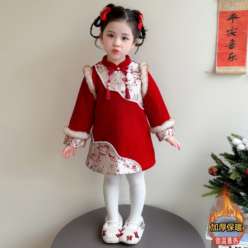 新疆西藏内蒙包邮女童梅花拼接拜年服旗袍裙幼儿园元旦表演出服红