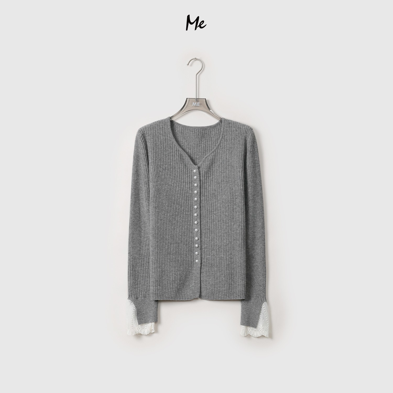 ME【温柔蕾丝袖】100绵羊毛珍珠单排扣针织上衣坑条v领毛衣MEQA4188
