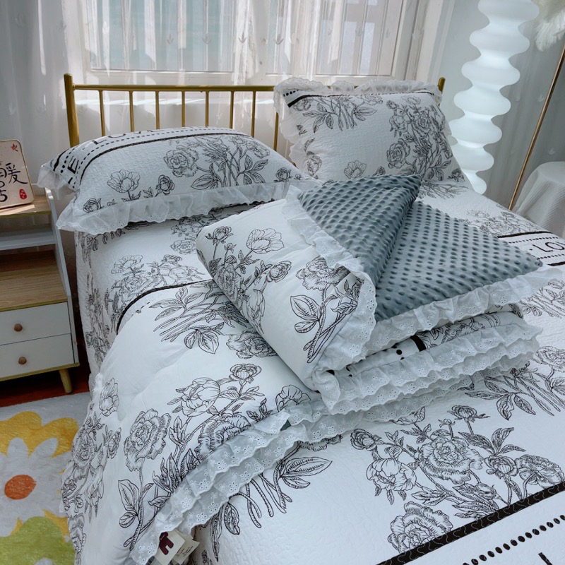 韩版纯棉豆豆被床盖四件套韩式双层机洗荷叶边公主风四季床上薄被
