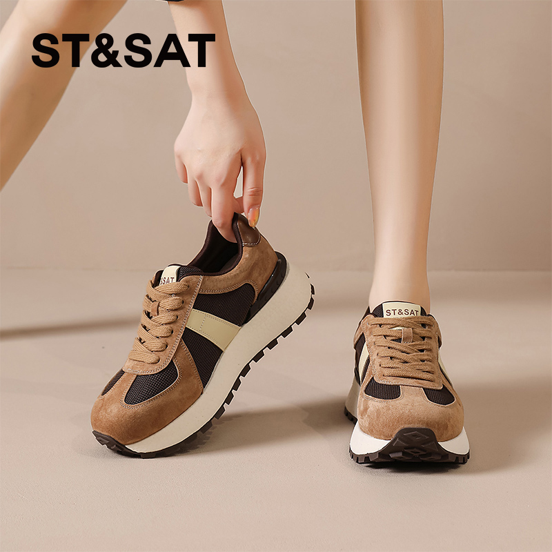 星期六真皮厚底拼色德训鞋女2025新款秋季小蛮腰阿甘鞋休闲运动鞋