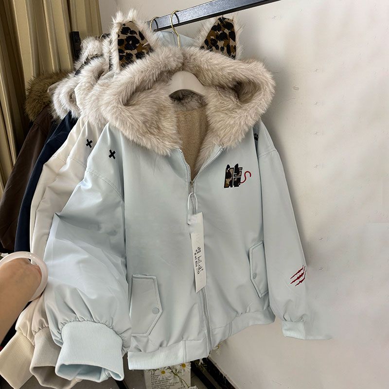 加绒加厚冬季复古豹纹耳朵厚绒连帽棉衣外套宽松百搭2025网红棉服