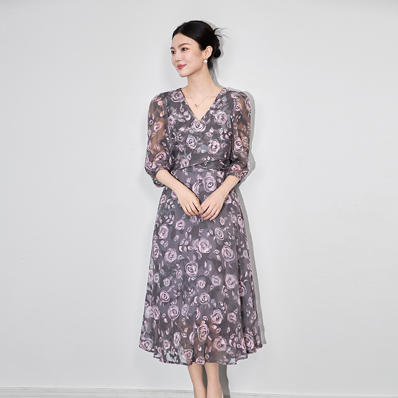 连衣裙印花法式长款蔷薇紫优雅时尚七分袖印花复古茶歇裙轻奢
