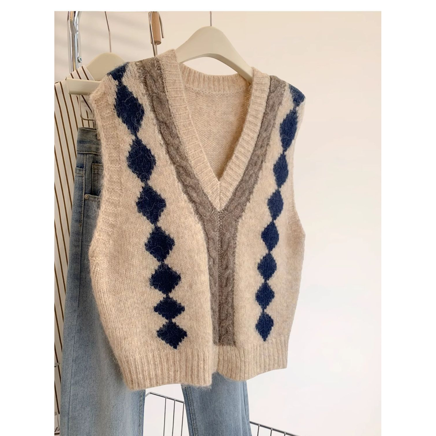 真心好看！巨推荐！秋冬外搭叠穿坎肩毛衣欧货v领撞色针织衫女马甲