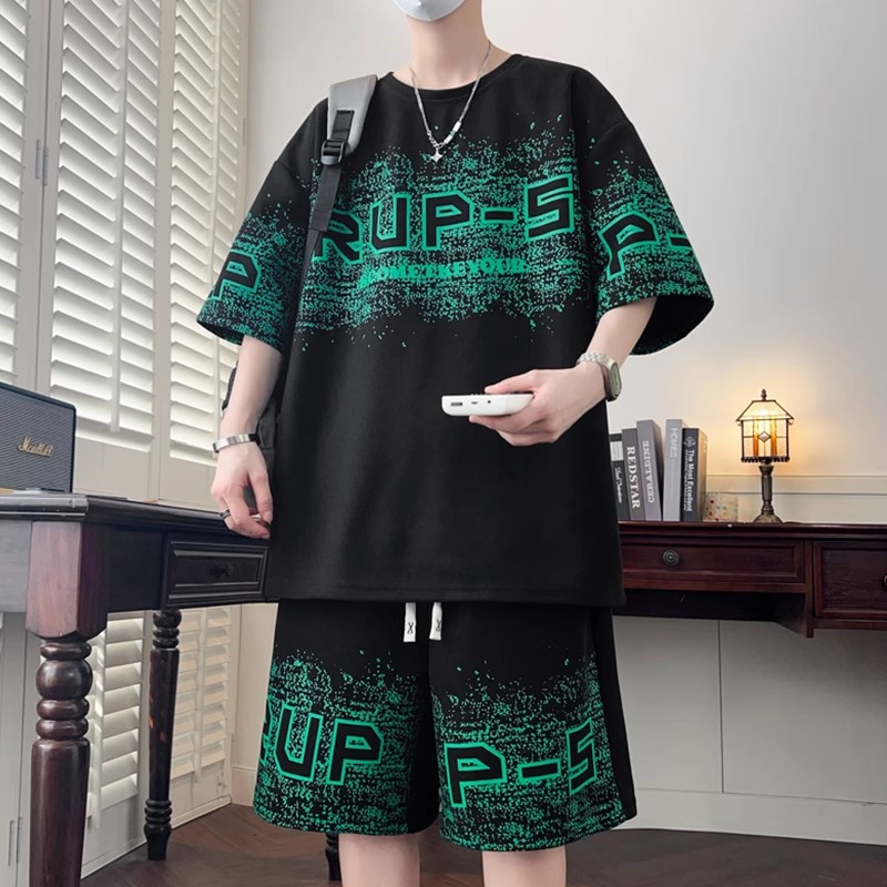 大码100-280斤男士冰丝短袖t恤套装休闲运动男大学生夏季宽松百搭