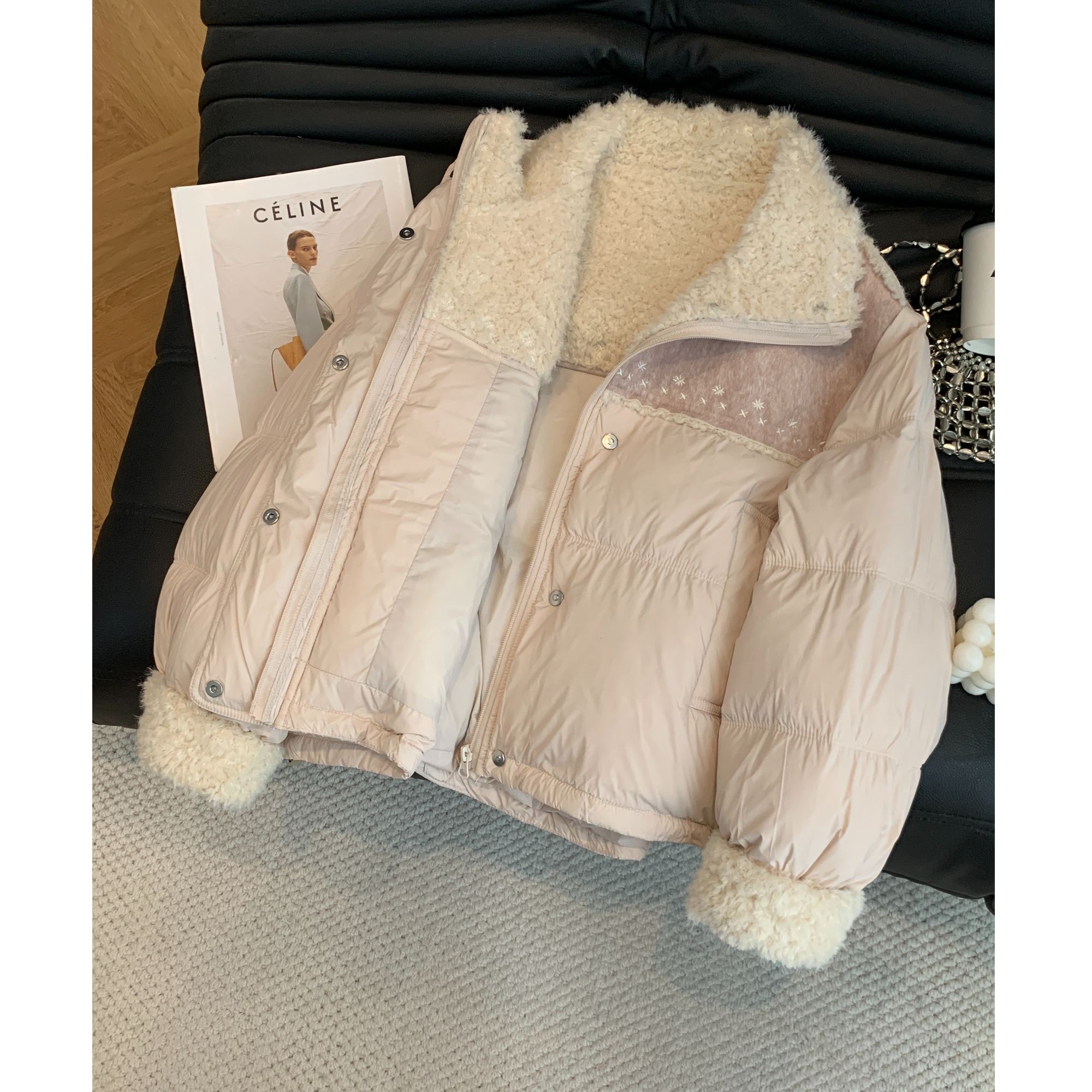 短款羊羔毛拼接棉服女2025冬季宽松小个子设计感大码显瘦减龄外套