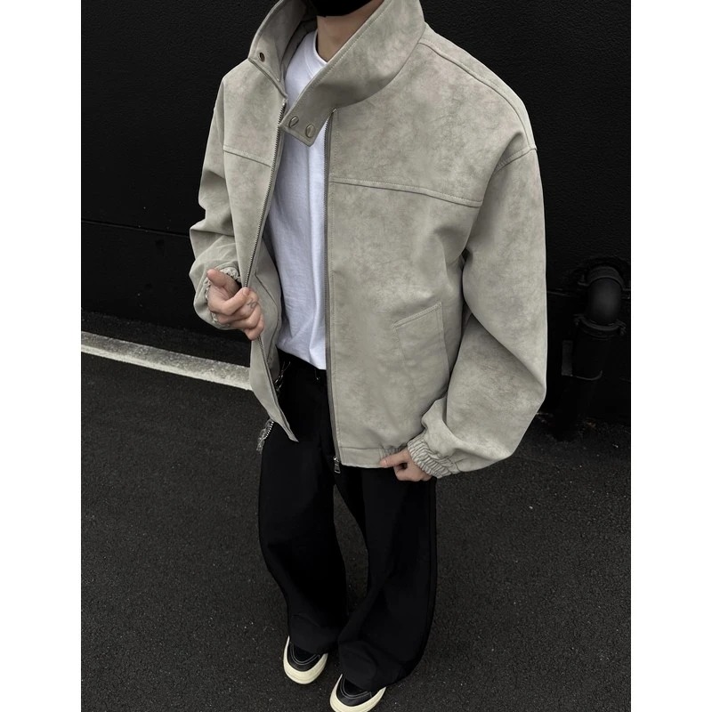 扎染pu皮衣短款外套男士重磅立领美式高级感棒球服cleanfit皮夹克