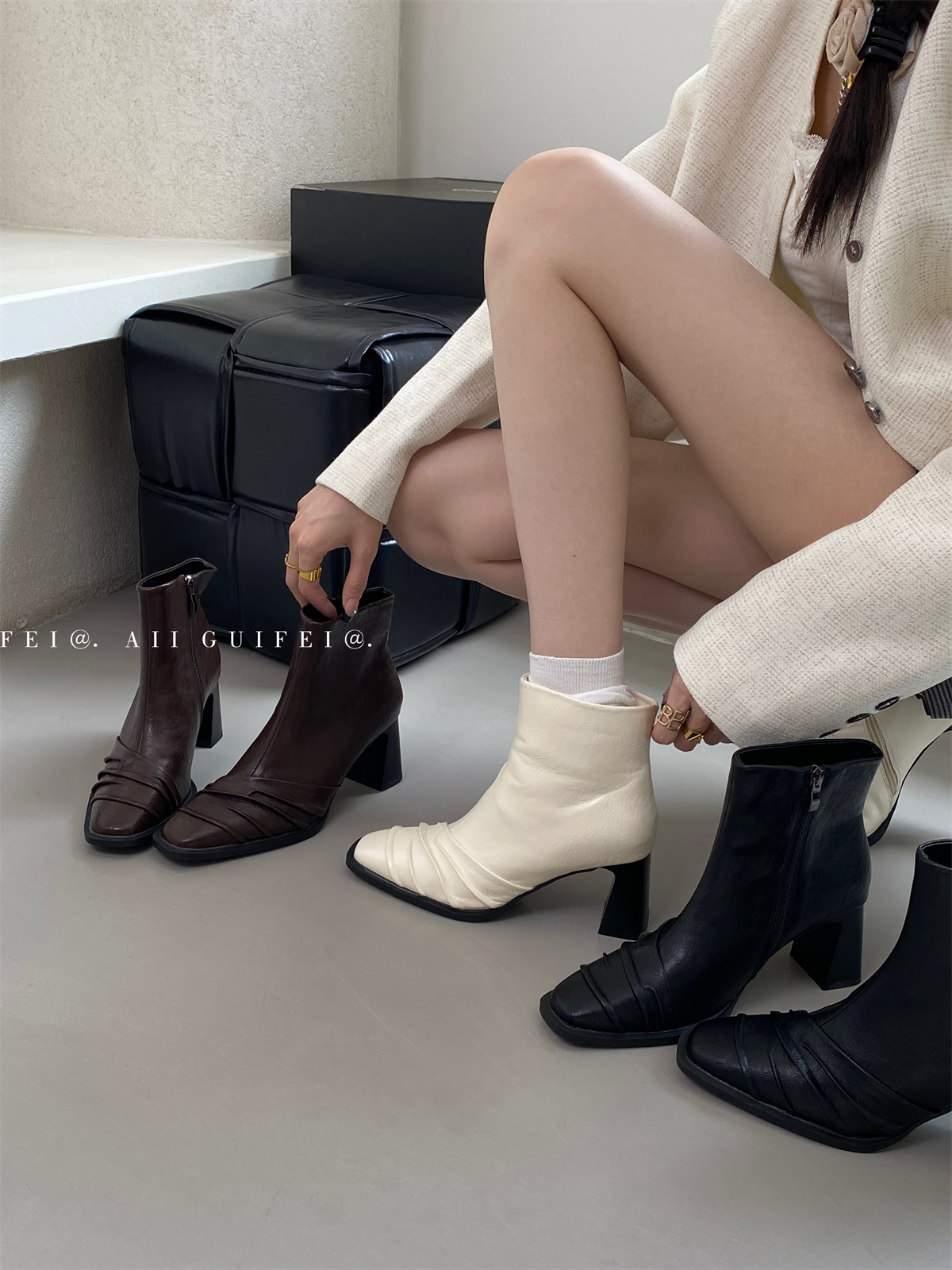 法式气质高跟瘦瘦短靴女鞋2025新款秋季黑色单靴粗跟韩系小裸靴子