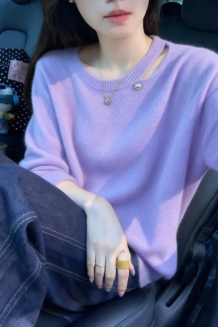 韩系氛围感独特漂亮上衣宽松显瘦多巴胺紫色镂空套头长袖毛衣女潮