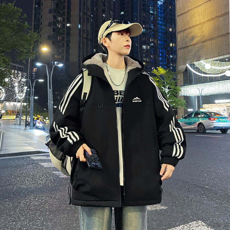 冬季青少年连帽夹克加绒加厚保暖夹克外套百搭宽松潮流学院风上衣