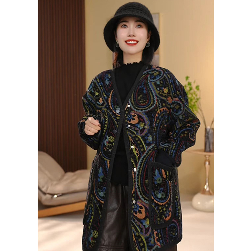 气质韩版花色洋气外套女2025秋冬新款轻奢宽松百搭V领保暖上衣潮