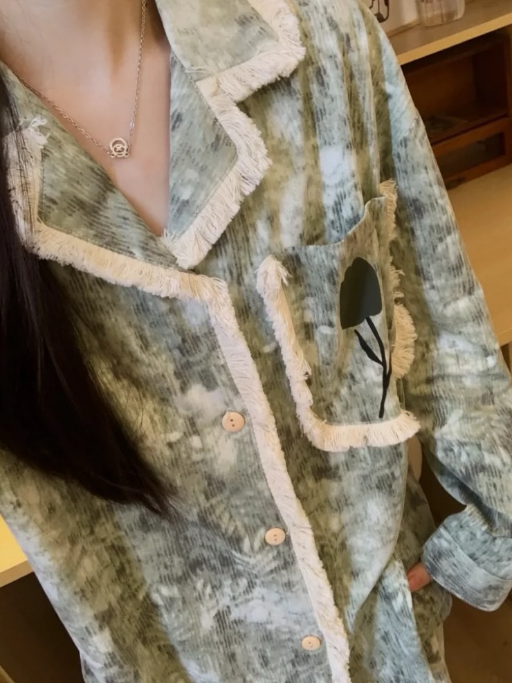 现货-2025睡衣女水墨肌理感春秋国风流苏边宽松外穿家居服夏遛弯