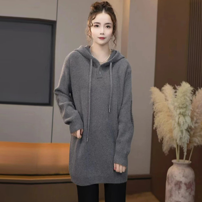 时尚休闲连帽针织衫毛衣女2024年秋冬新款中长款慵懒宽松显瘦上衣