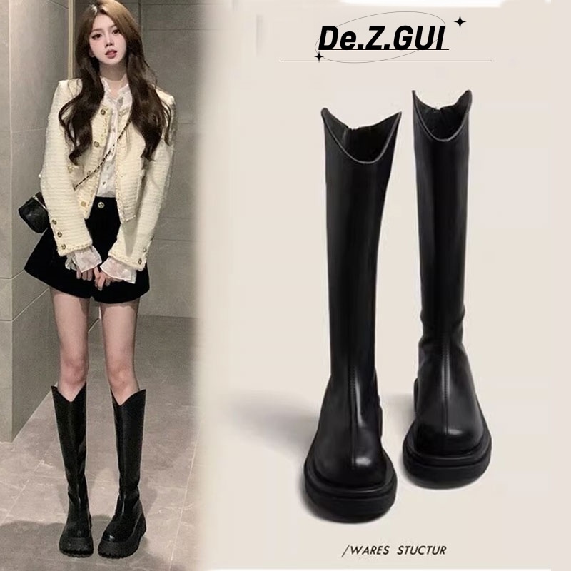 V口显瘦长筒靴女2025新款秋冬胖mm大码大筒围长靴厚底高筒骑士靴