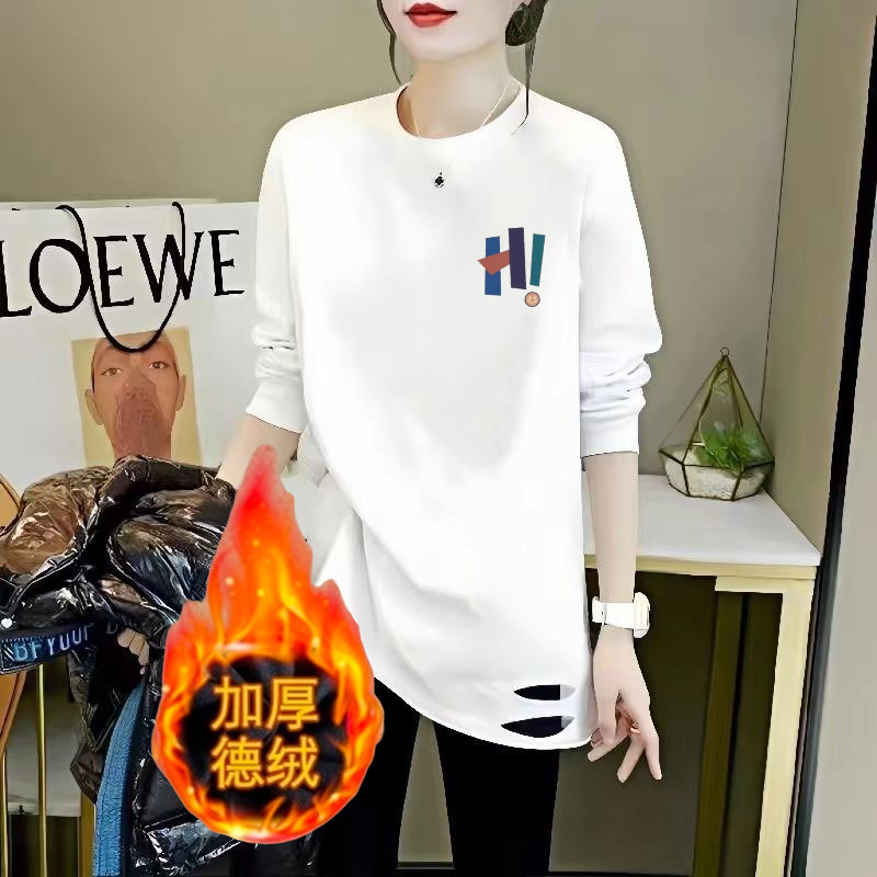 加厚德绒长袖t恤女秋冬季中长款宽松大码内搭下摆破洞上衣打底衫