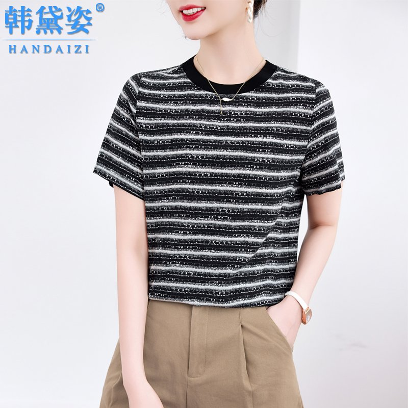 时尚高端双绉重磅真丝上衣女短袖2025夏装新款桑蚕丝条纹显瘦T恤