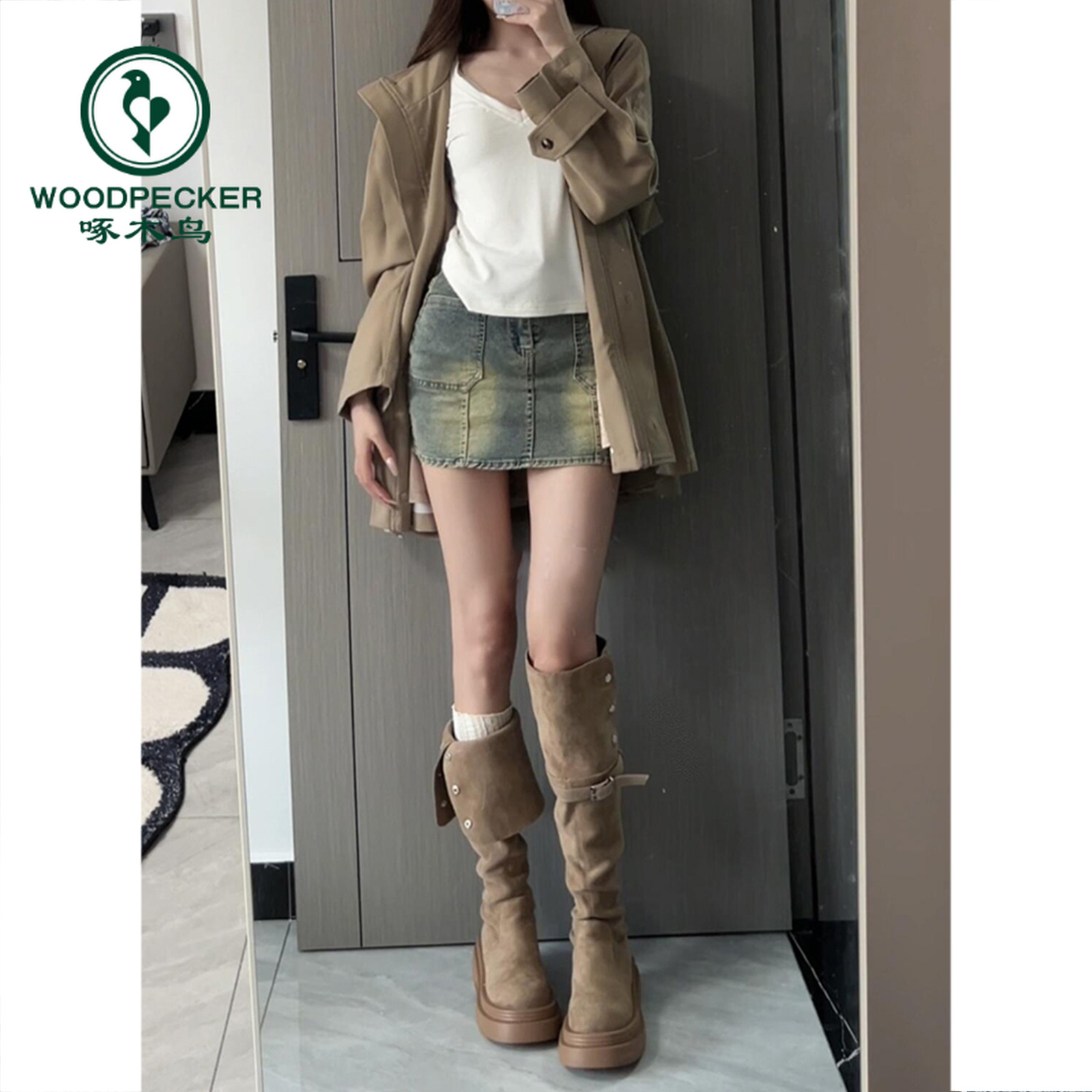 啄木鸟厚底长筒靴女2025新款秋冬季不过膝绒面长靴显瘦高筒骑士靴