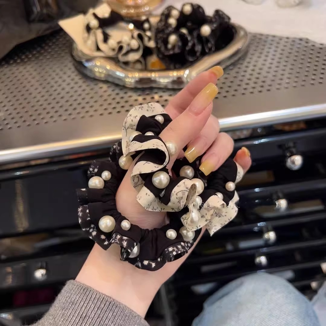 韩系新款碎花布艺木耳边珍珠小肠发圈高级感丸子头发绳马尾扎发