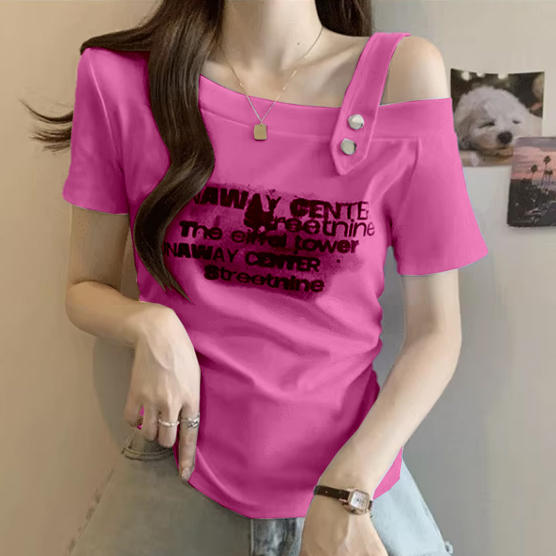 大码女装字母印花露肩别致短袖T恤女夏季胖MM收腰显瘦遮肚上衣女