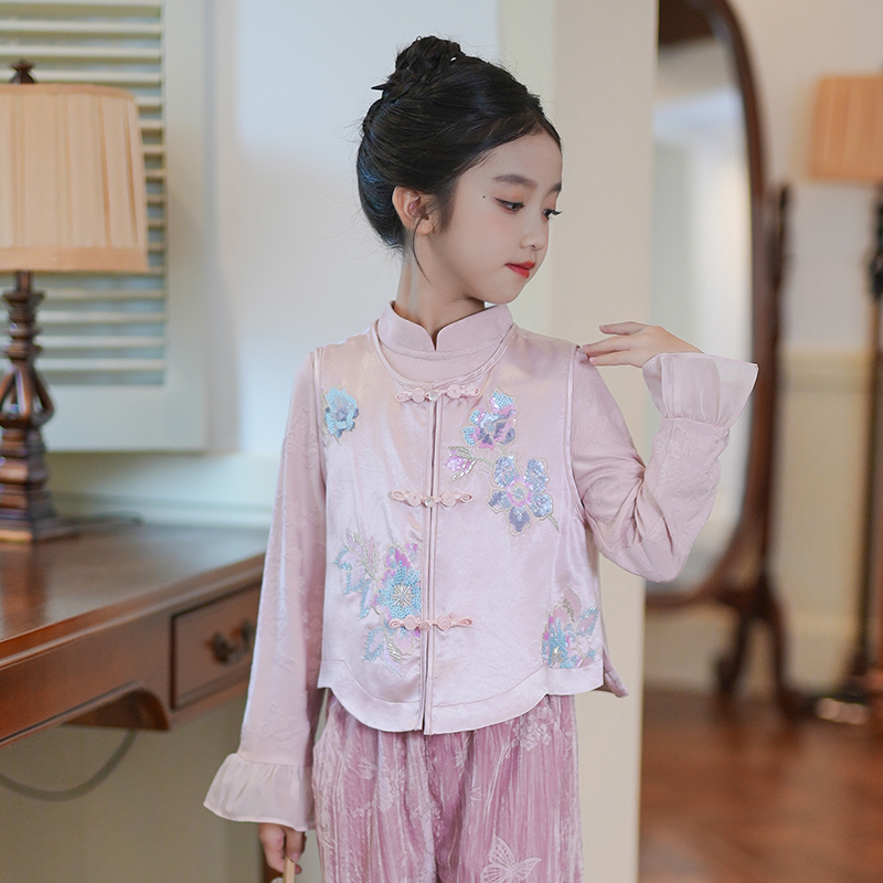 53902周岁礼服女童唐装秋季粉色新中式国风女孩盘扣刺绣汉服套装