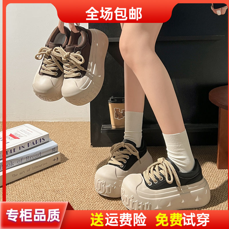 2025春秋新款大头系带厚底松糕小个子6cm面包鞋溶解鞋休闲鞋女鞋