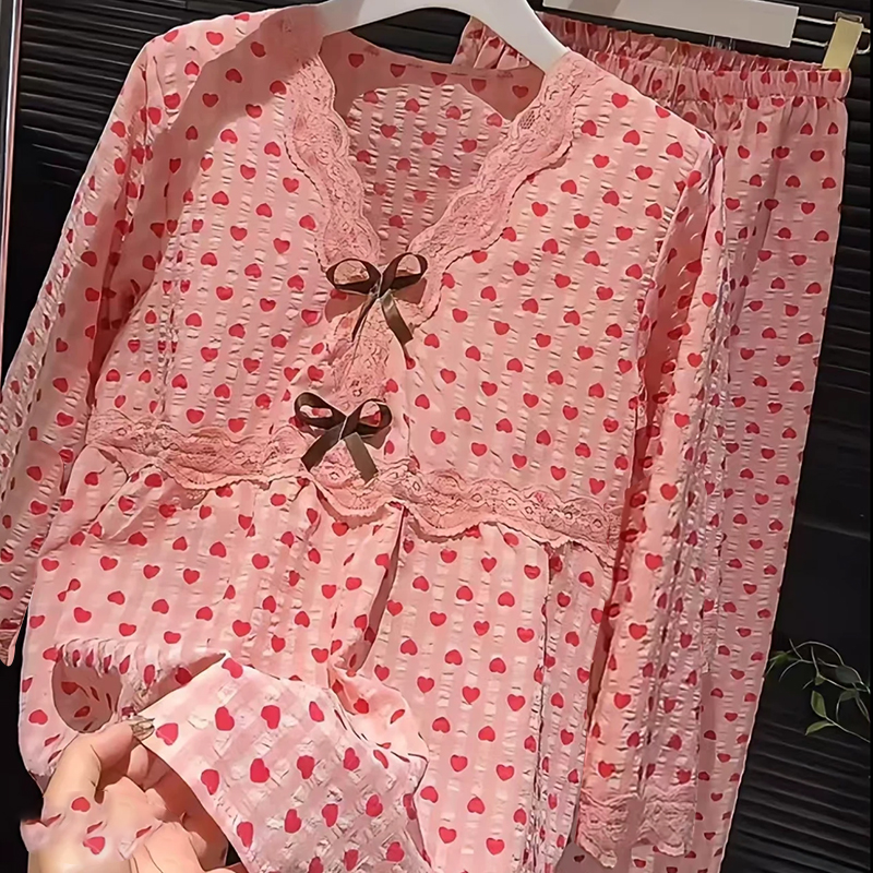 韩版减龄睡衣女夏季花边蕾丝蝴蝶结时尚碎花气质宫廷风家居服套装