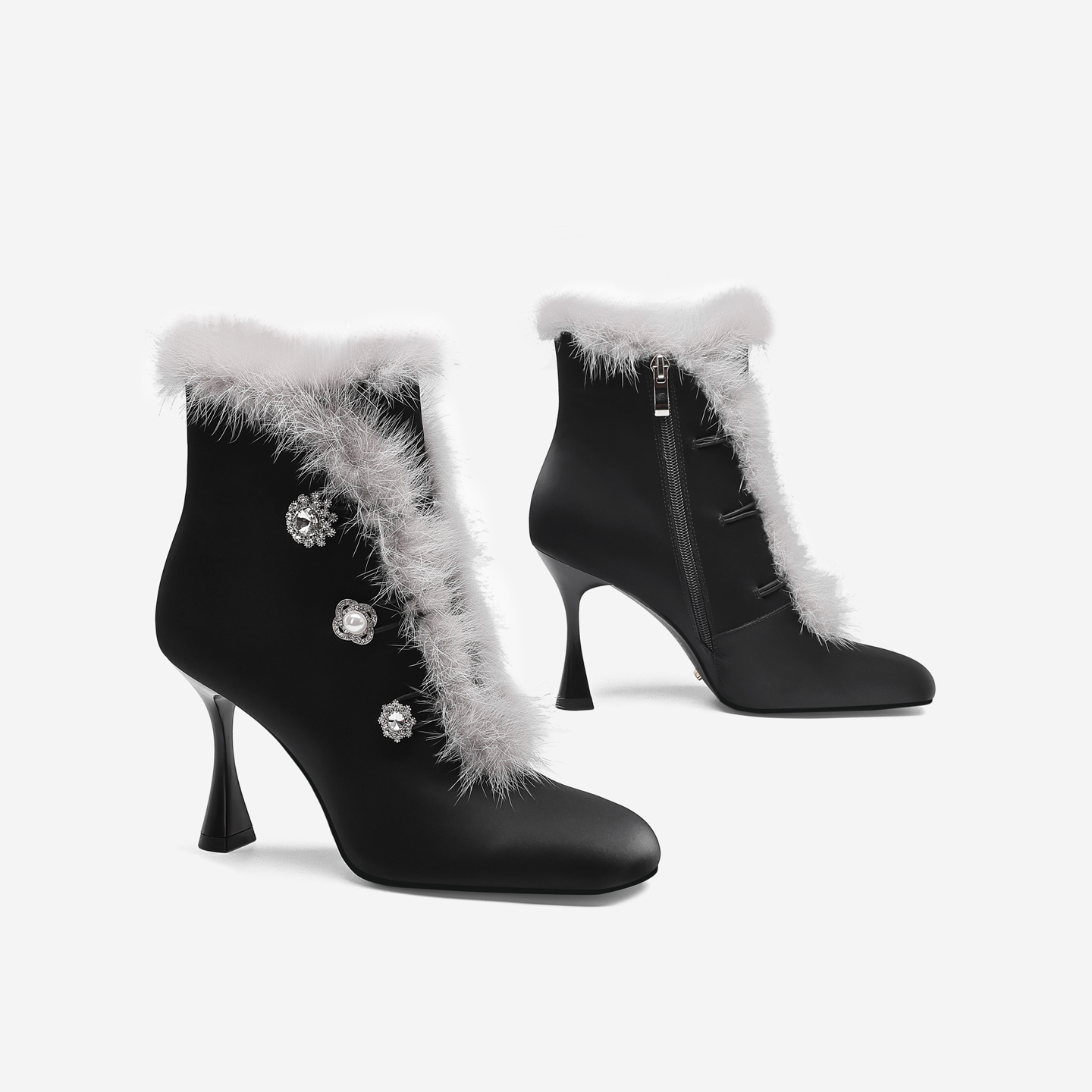 设计感拼接毛毛靴2025新款女士高跟短靴真皮法式细跟冬季加绒靴子