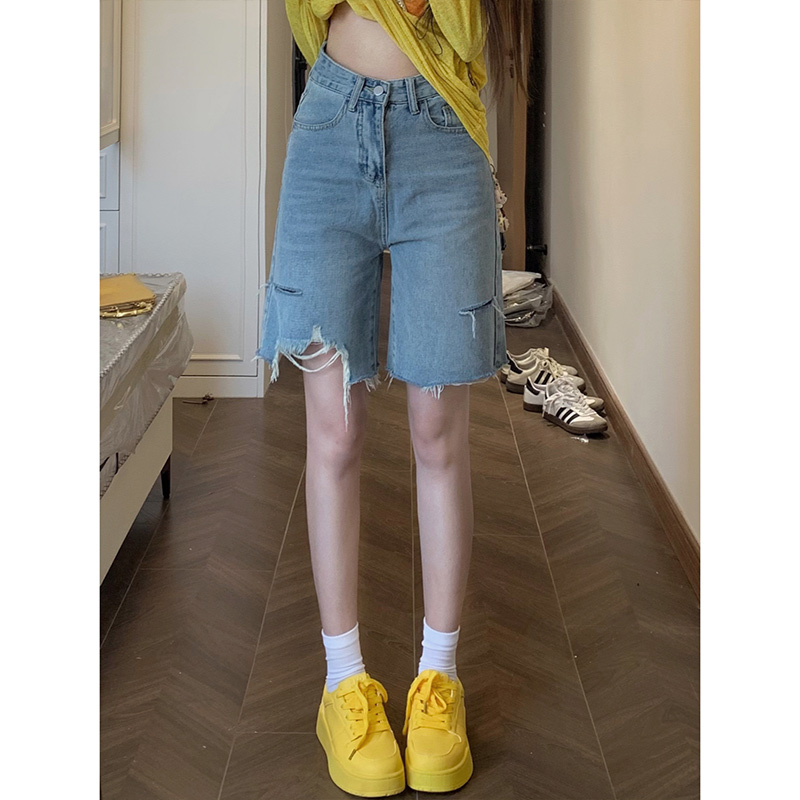 破洞毛边牛仔五分短裤女2025年秋季新款高腰宽松显瘦a字直筒中裤