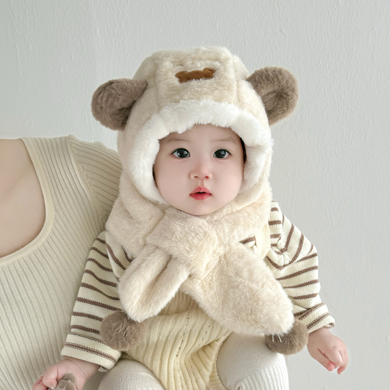 宝宝帽子儿童防风围巾一体帽卡通小熊秋冬季婴儿毛绒护耳帽男女童