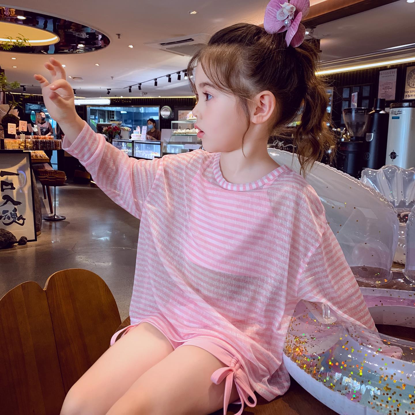 女童泳衣夏装新款儿童海边温泉长袖罩衫三件套女孩分体平角游泳装