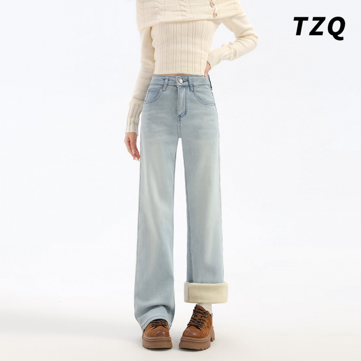 蓝色加绒保暖直筒牛仔裤女秋冬款高腰宽松显瘦九分裤TZQ25111608
