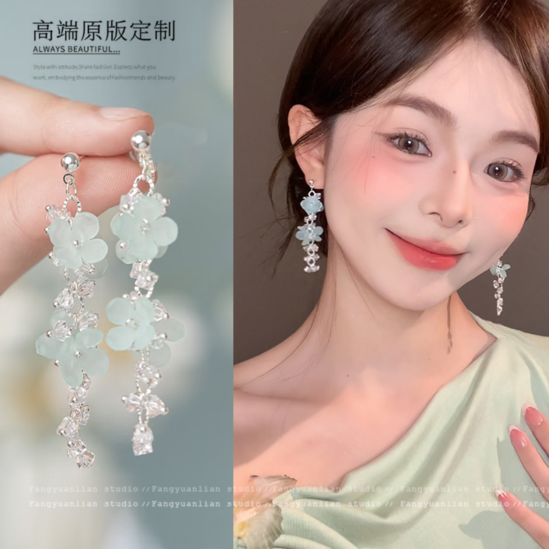 合金耳饰 风吹花动 薄荷曼波流苏花朵耳钉女超仙海边高级感耳饰