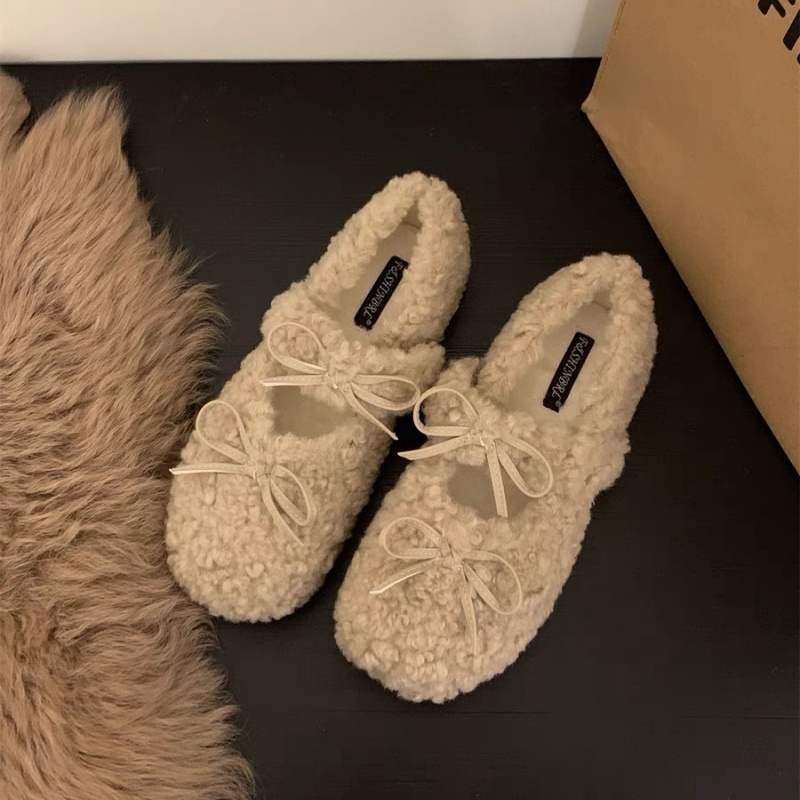 江心白小个子毛毛鞋女外穿2025新款秋冬玛丽珍蝴蝶结加绒豆豆棉鞋