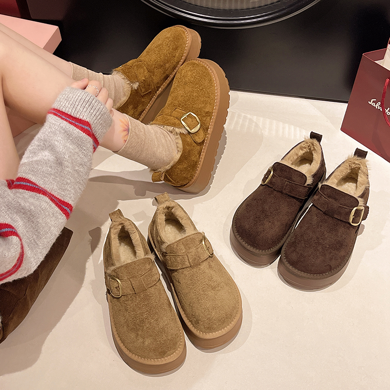 牛皮女鞋勃肯鞋女冬季加绒保暖厚底毛毛鞋加厚厚底棉鞋T96-6