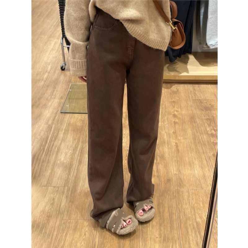 雪千羽美式咖色直筒牛仔裤女2025秋冬加绒高腰宽松梨形身材阔腿裤