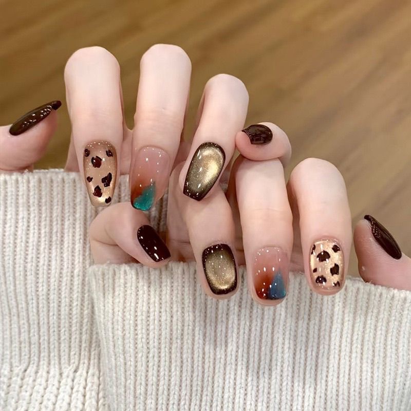 20琥珀流光纯手工穿戴甲高品质豹纹玻璃珠猫眼高级显白手工穿戴甲