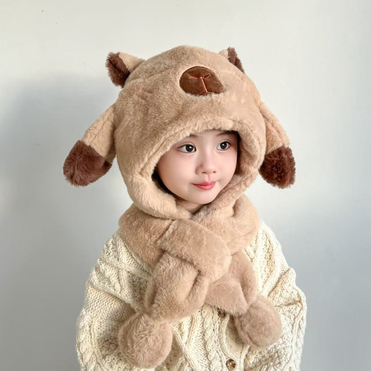 卡皮巴拉帽子围巾一体儿童女捏耳朵会动的2025新款秋冬季围脖男孩