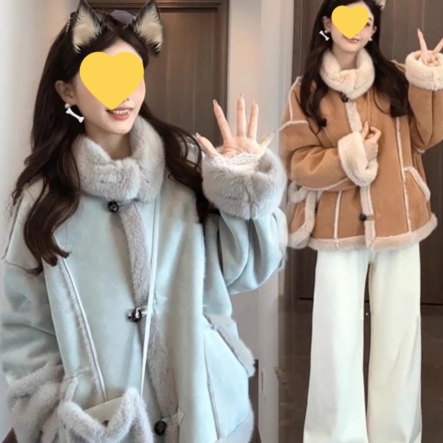 麂皮绒皮草外套女短款2025新款韩版宽松机车服加厚皮毛一体大衣冬