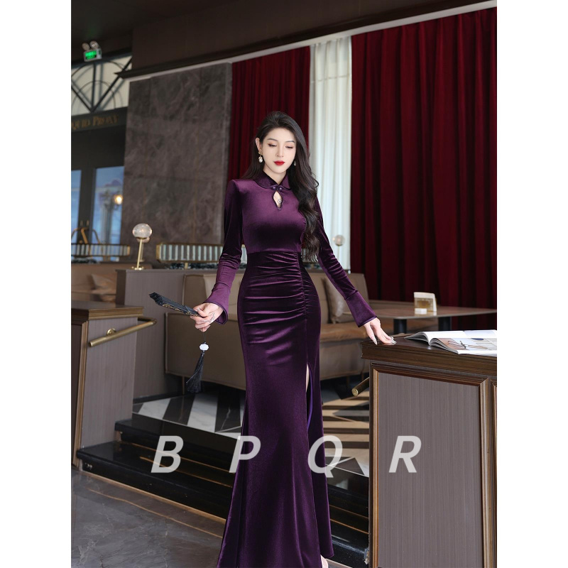 BPQR原创设计轻奢高定丝绒褶皱裙纯色修身优雅立领连衣裙