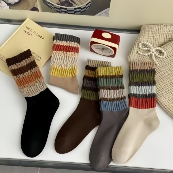 勃肯鞋专用袜子女款爆款2025新款纯棉堆堆袜复古撞色条纹中筒袜