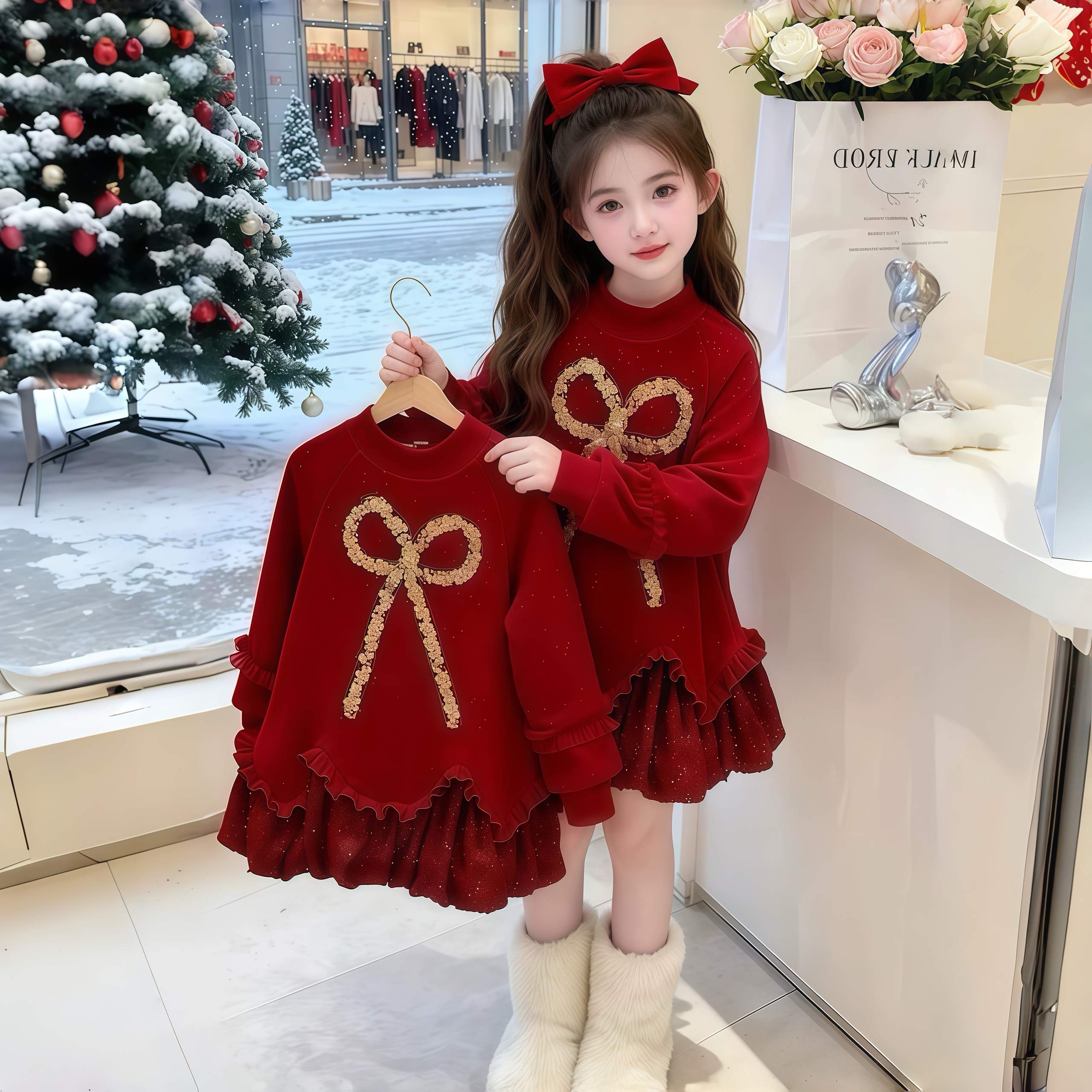 女童新年连衣裙冬季2025新款儿童加绒卫衣裙中大童冬装红色拜年服